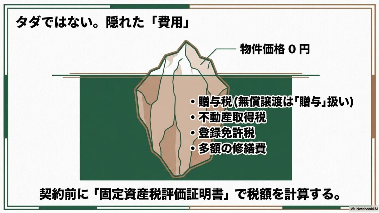 物件価格0円の下に隠れた贈与税、不動産取得税、登録免許税、多額の修繕費を氷山に例えた図