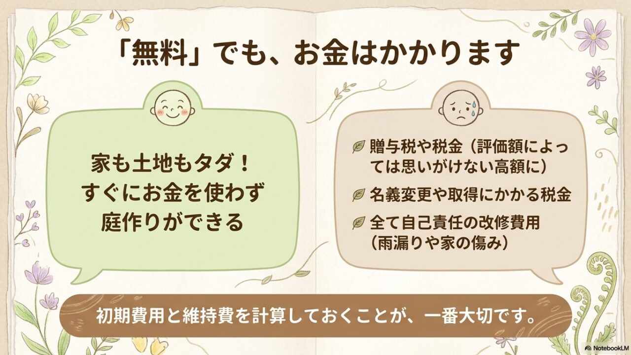無料物件でも発生する贈与税、名義変更費用、自己責任の改修費用についての解説