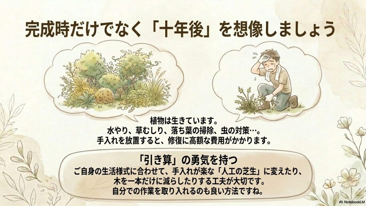 完成時だけでなく十年後を想像し、引き算の勇気を持つことを勧めるスライドと草むしりをする男性のイラスト