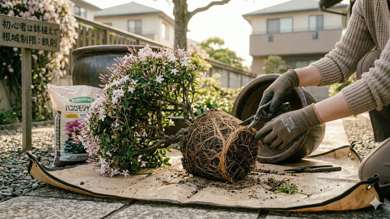 鉢植えのハゴロモジャスミンを植え替える際、伸びすぎた根を丁寧にハサミで整理する様子。