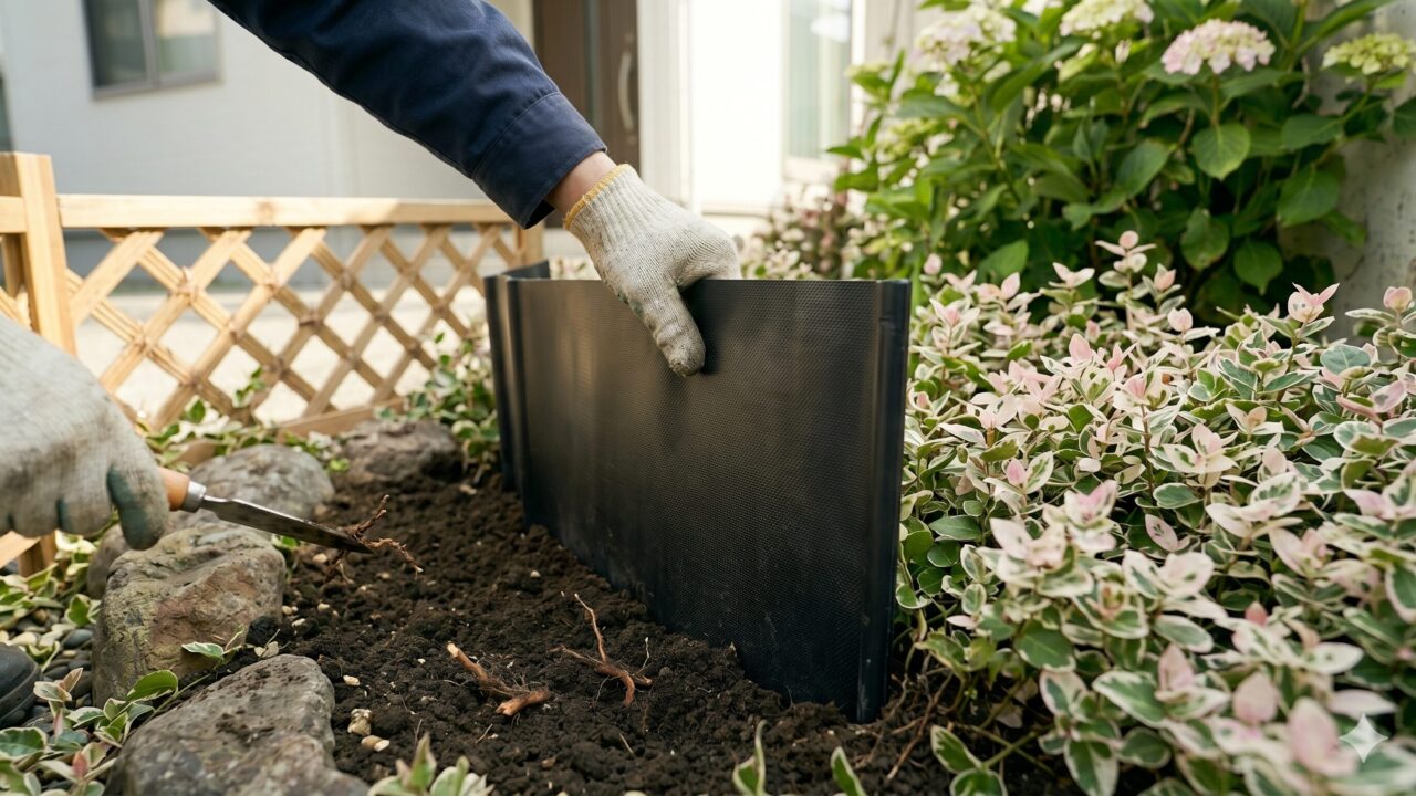 ハツユキカズラの広がりを抑えるために、庭の土に黒いあぜ板を物理的な仕切りとして設置している様子。