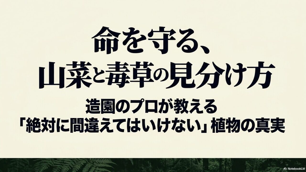 こごみなどの山菜と、見た目の違う猛毒草が同じ湿った環境を好むため、根が絡み合うように群生している様子を示した図解スライド。