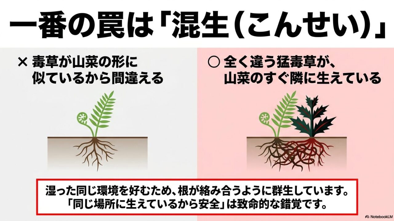 こごみの茎の断面にある深いU字型の溝と、表面に毛がなくツルツルしている特徴を説明する図解スライド。