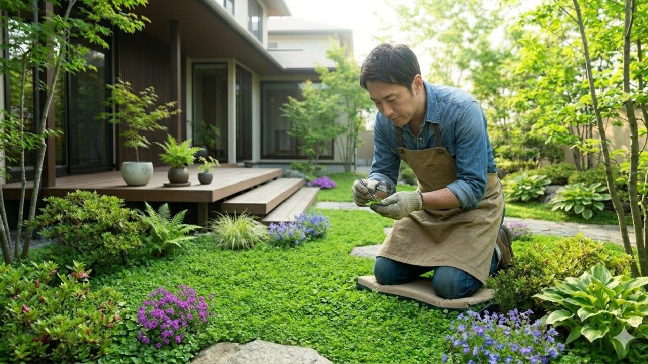 病害虫のサインがないか、ディコンドラの葉をめくって丁寧に観察する日本人の様子。