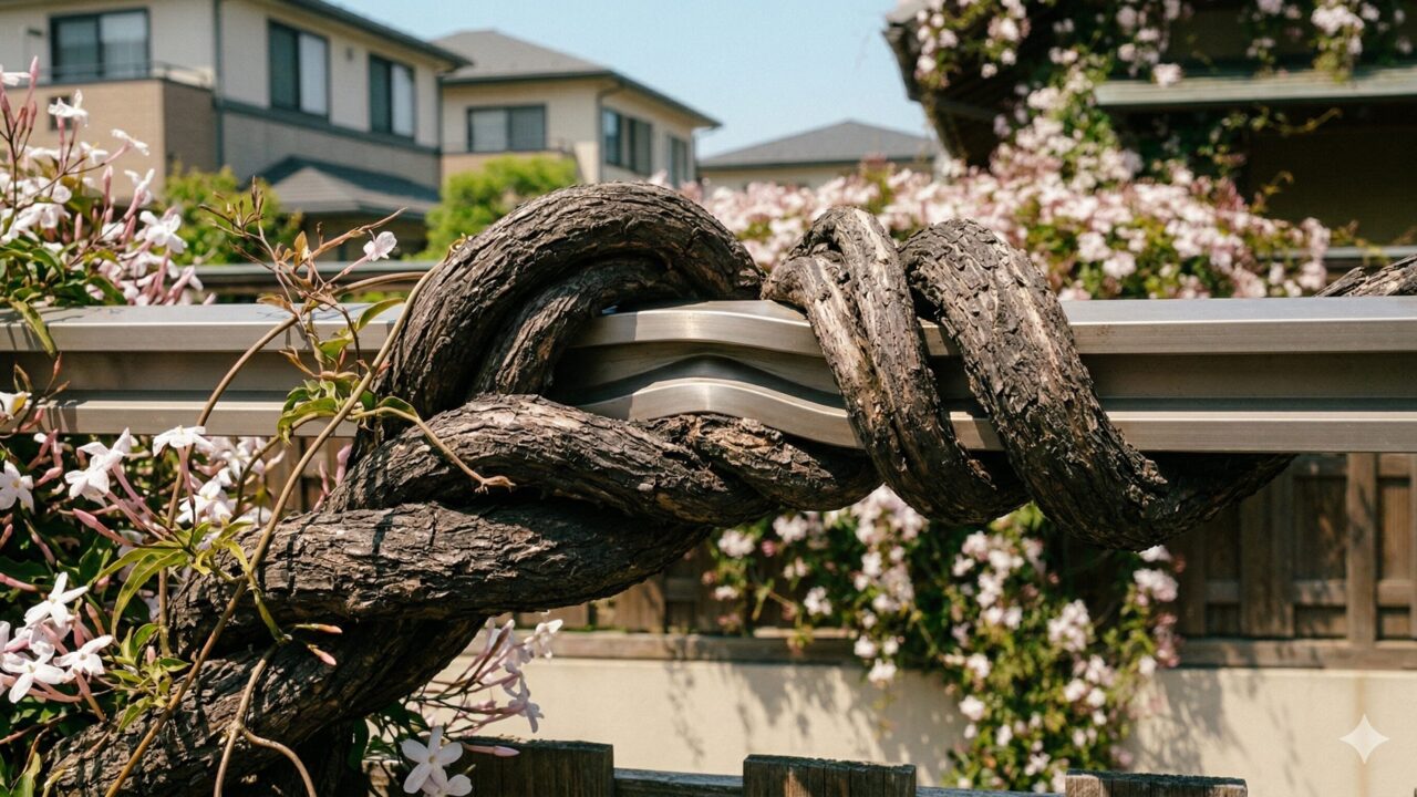 アルミフェンスに硬く太いつるが食い込み、木のように変化したハゴロモジャスミンの近影。