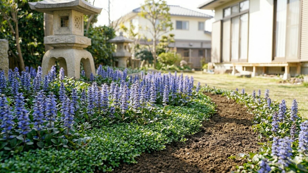 ヒメツルニチニチソウの代わりに植えられた、管理しやすく美しいアジュガの小道。