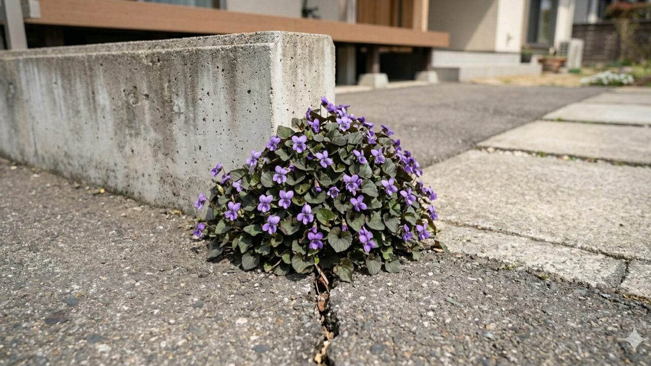 住宅の駐車場のアスファルトと壁のわずかな隙間から、たくましく芽を出して育つビオラ・ラブラドリカ。