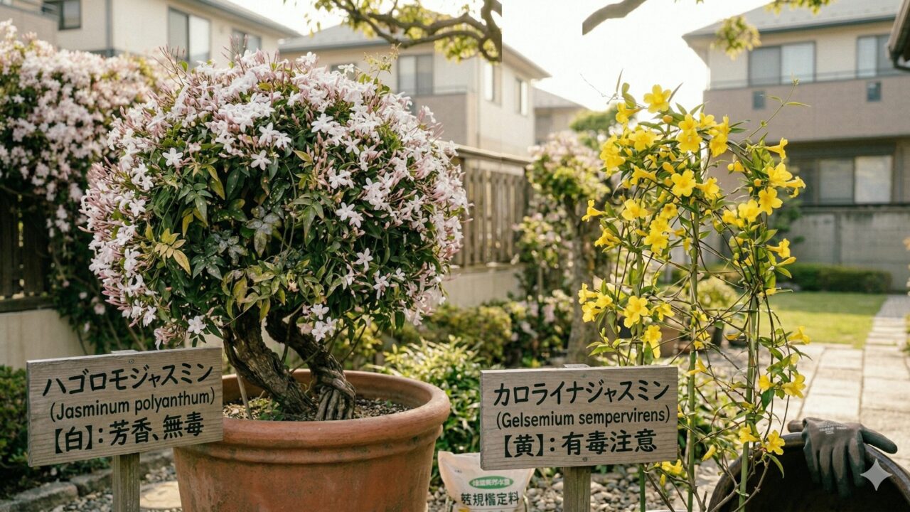 白いハゴロモジャスミンと、毒性のある黄色いカロライナジャスミンの色の違いを比較した写真。