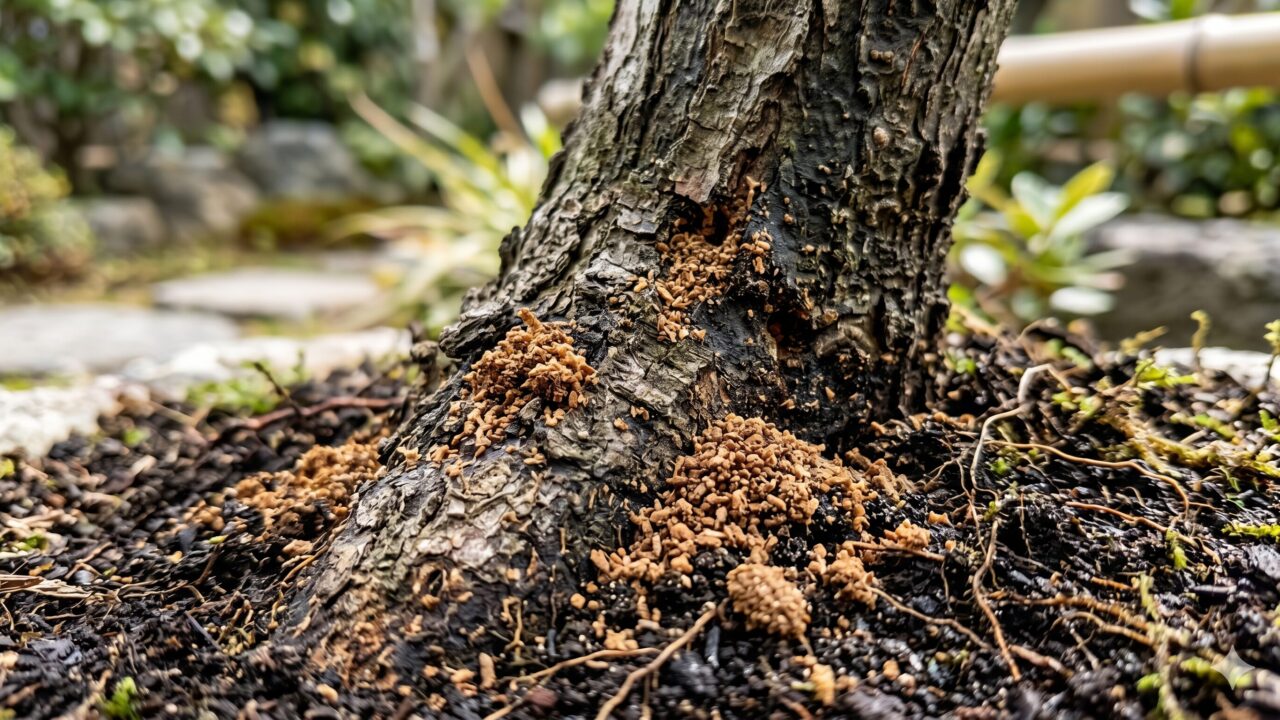フェイジョアの幹の根元に溜まった、コウモリガの幼虫が排出した茶色の木くずのようなフン。