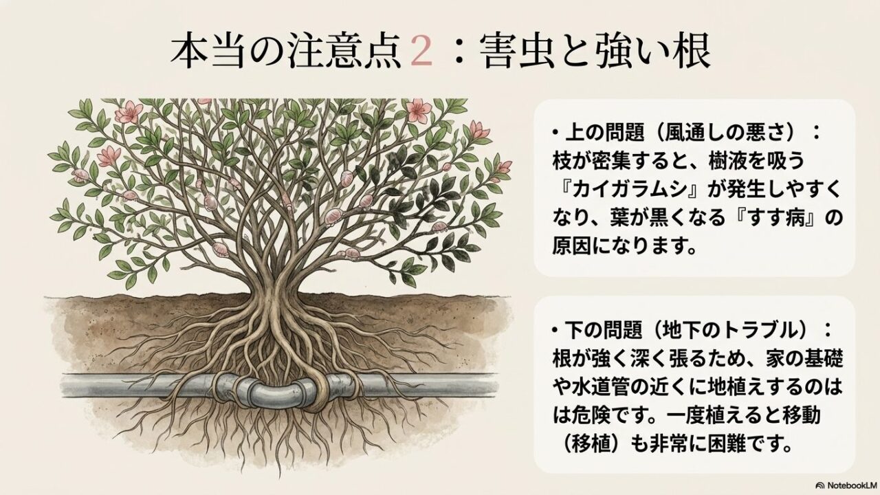 タニウツギの深く強い根が地中の水道管に絡みつき、地下でトラブルを引き起こすリスクを描いたイラスト