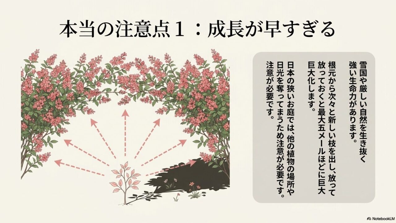 根元から新しい枝を出し、放射状に大きく巨大化していくタニウツギの成長を描いたイラスト
