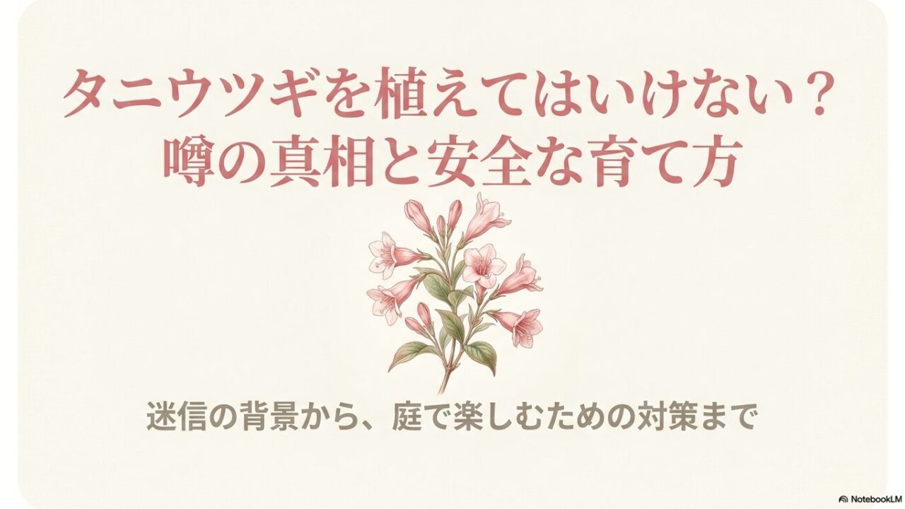 タニウツギの美しいピンク色の花のイラストと、噂の真相や育て方について解説するタイトル