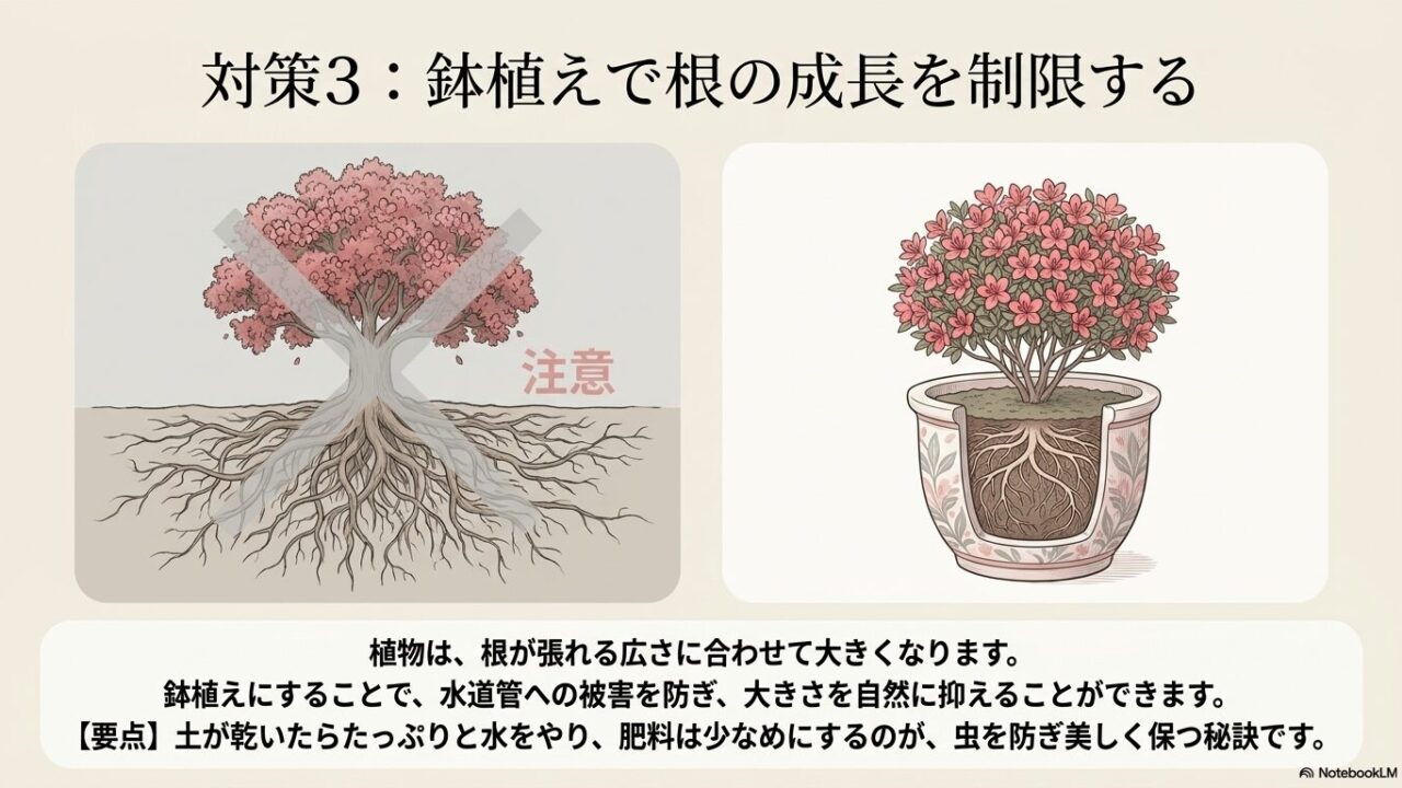 地植えの根の広がりをバツ印で示し、鉢植えにすることで根の成長を制限している様子を描いた比較イラスト