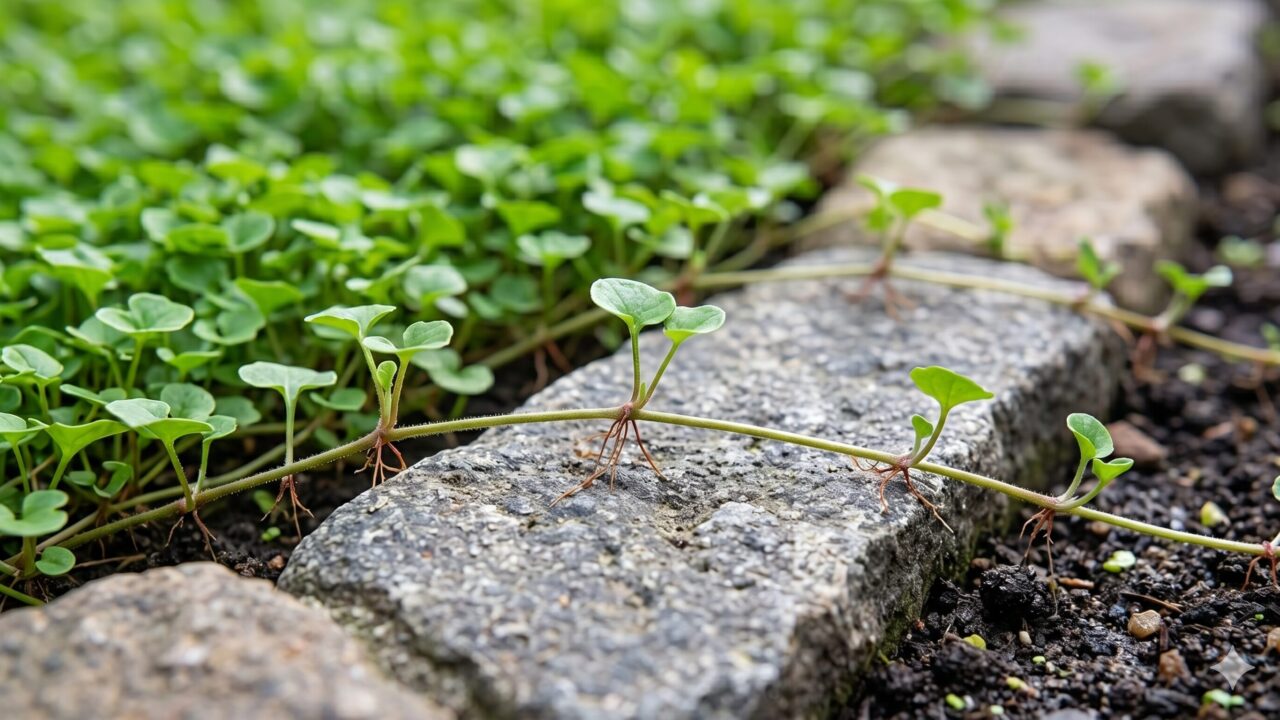花壇の仕切り石を越えて勢いよく伸び広がる、生命力あふれるディコンドラの匍匐茎のクローズアップ。