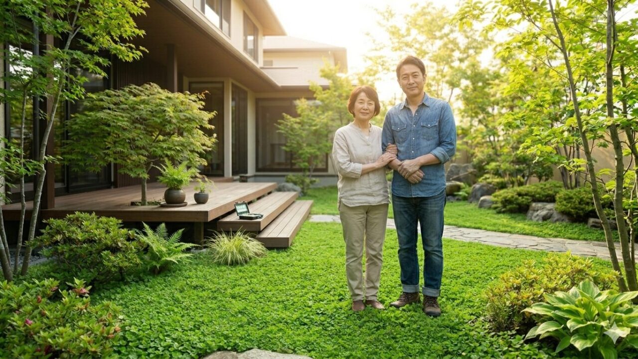ディコンドラの特性を理解し、手入れの行き届いた緑の庭で満足そうに微笑む日本人の夫婦。