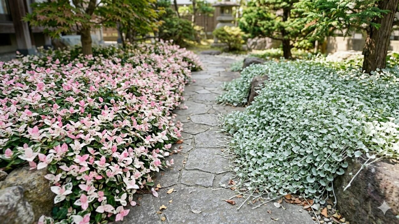庭の小道沿いで、ハツユキカズラの鮮やかなピンクとディコンドラのシルバーリーフが並んで育っている比較。