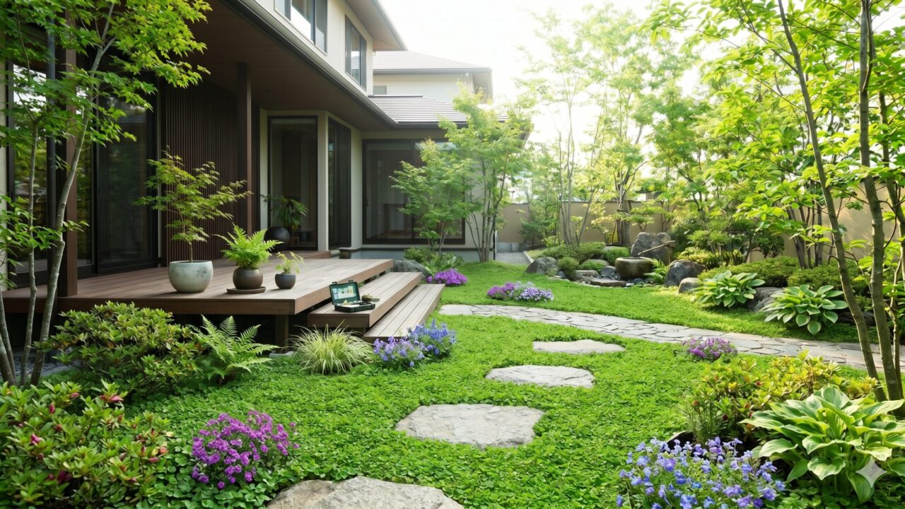 他の植物と美しく調和し、適切に管理された理想的な日本のディコンドラの庭。