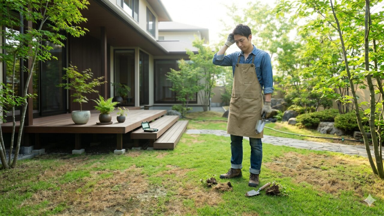 庭のディコンドラの生育状態をじっくりと観察しながら、手入れの計画を立てる日本人の男性。