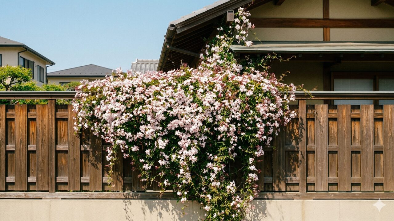 日本の住宅の庭で、木製のフェンスを覆い尽くすほど勢いよく育ったハゴロモジャスミンのつる。