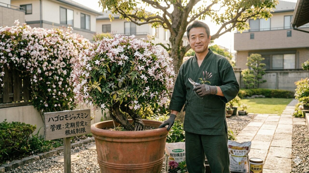 ハゴロモジャスミンを植えてはいけない状態を避けるための管理 Image Generation Prompt: A realistic photo of a middle-aged Japanese man, a professional gardener, smiling and holding pruning shears in a sunlit garden. He is standing next to a neatly maintained jasmine plant in a pot. Friendly and trustworthy atmosphere. 16:9 aspect ratio. Alt Text（Japanese）: 庭で剪定バサミを持ち、適切に管理されたハゴロモジャスミンの横で微笑む日本人の造園技能士。