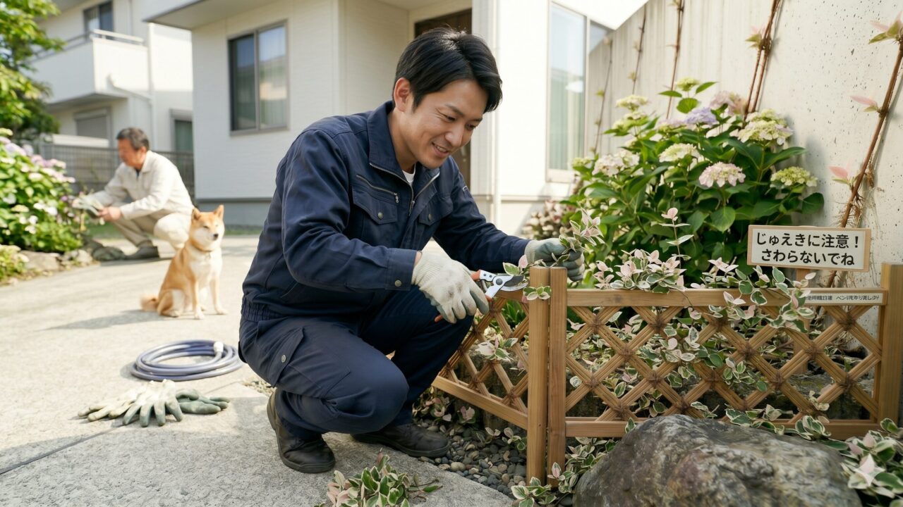 清潔感のある作業服を着た日本人の造園士が、庭のハツユキカズラを丁寧に剪定して管理している様子。