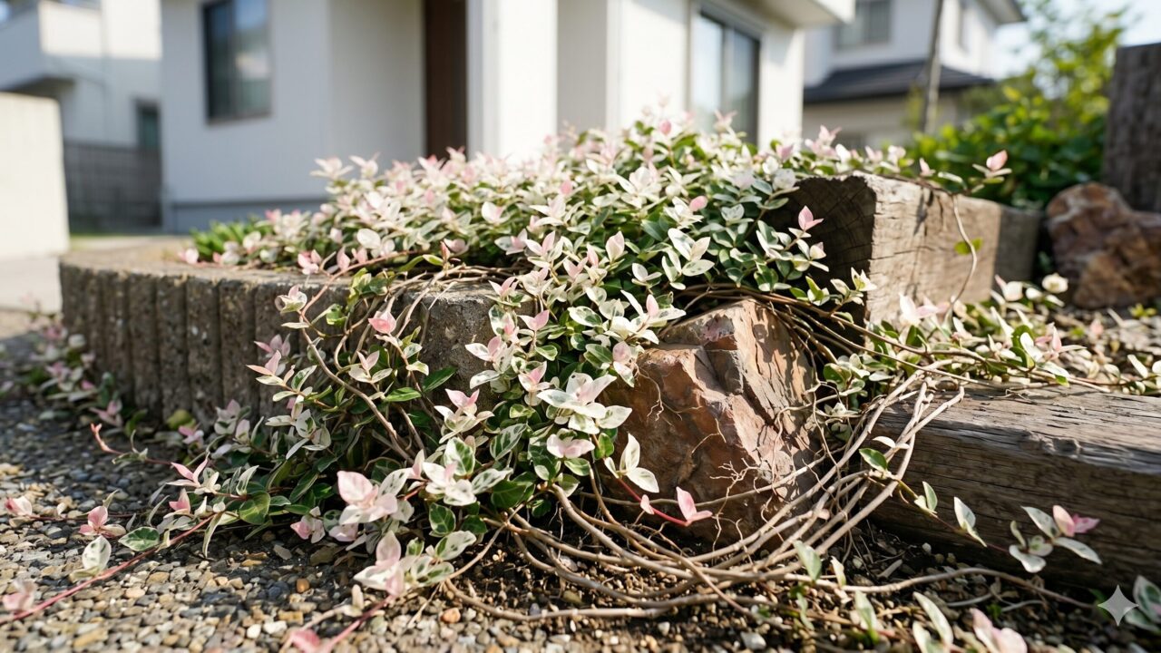 住宅街の庭で、ハツユキカズラのつるが縁取りの石を覆い尽くすように勢いよく伸びている接写写真。