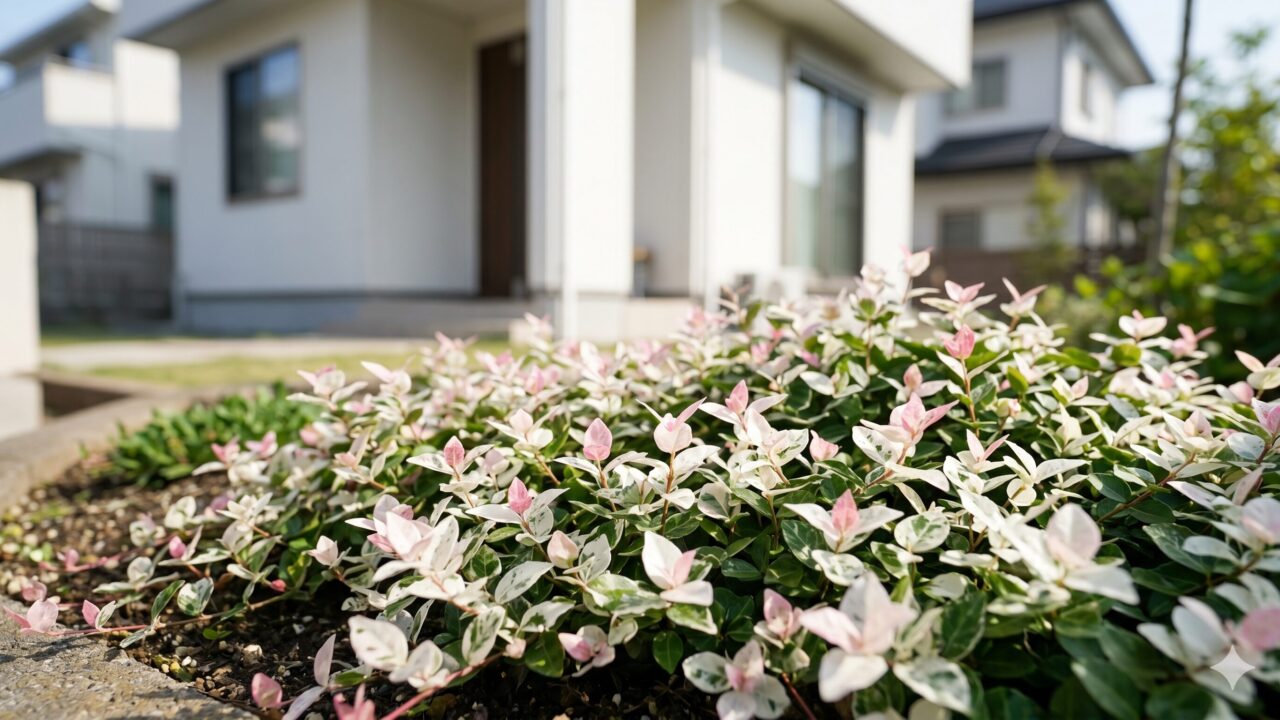 明るい太陽光が差し込む日本の住宅の庭で、白とピンクの葉が混ざり合ったハツユキカズラが鮮やかに広がっている様子。