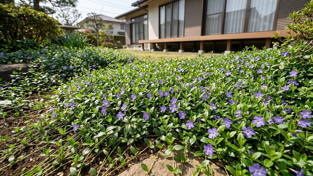 明るい日差しが差し込む日本の庭で、地面いっぱいに広がって咲く紫色のヒメツルニチニチソウ。