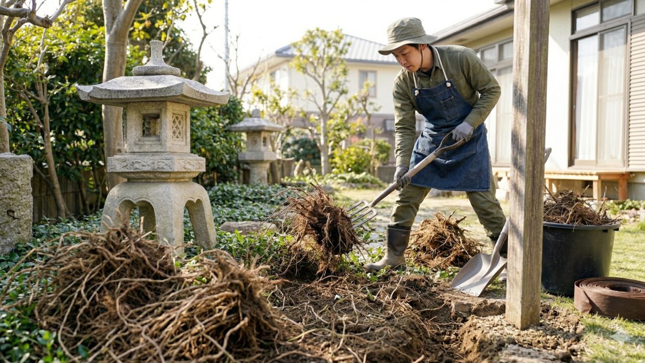 手入れが大変になったヒメツルニチニチソウを、道具を使って整理する日本人の造園家。