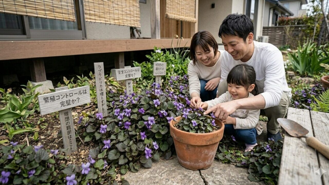 石組みの周りで綺麗に範囲を限定して管理された、バランスの良い庭のグラウンドカバー。