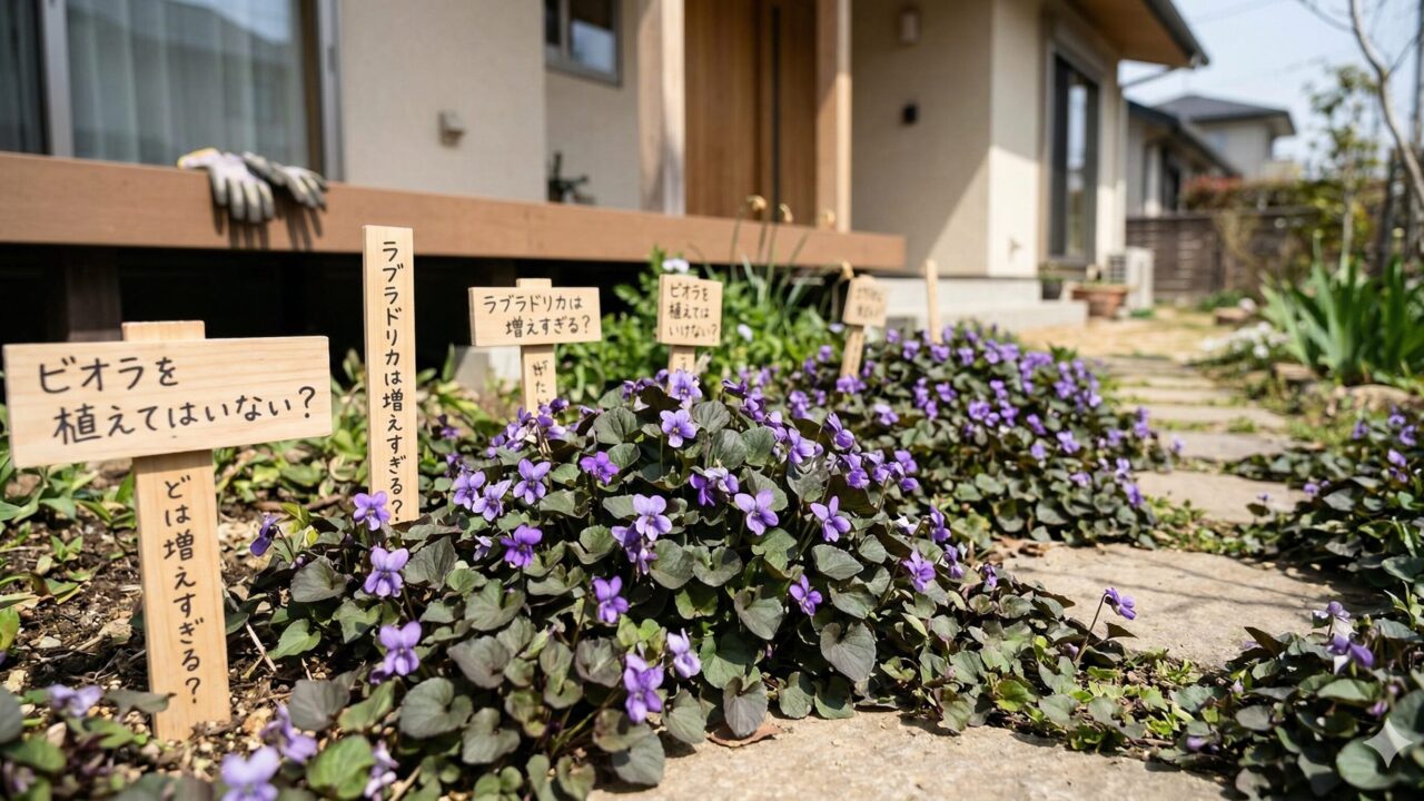明るい日差しが差し込む日本の住宅の庭で、紫色の花を咲かせたビオラ・ラブラドリカが植えられている様子。