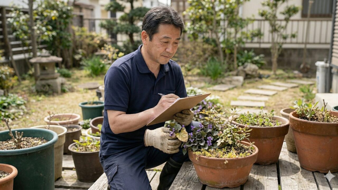 手入れの行き届いた庭に立ち、これからの植栽計画を穏やかな表情で考えている日本人の造園家。