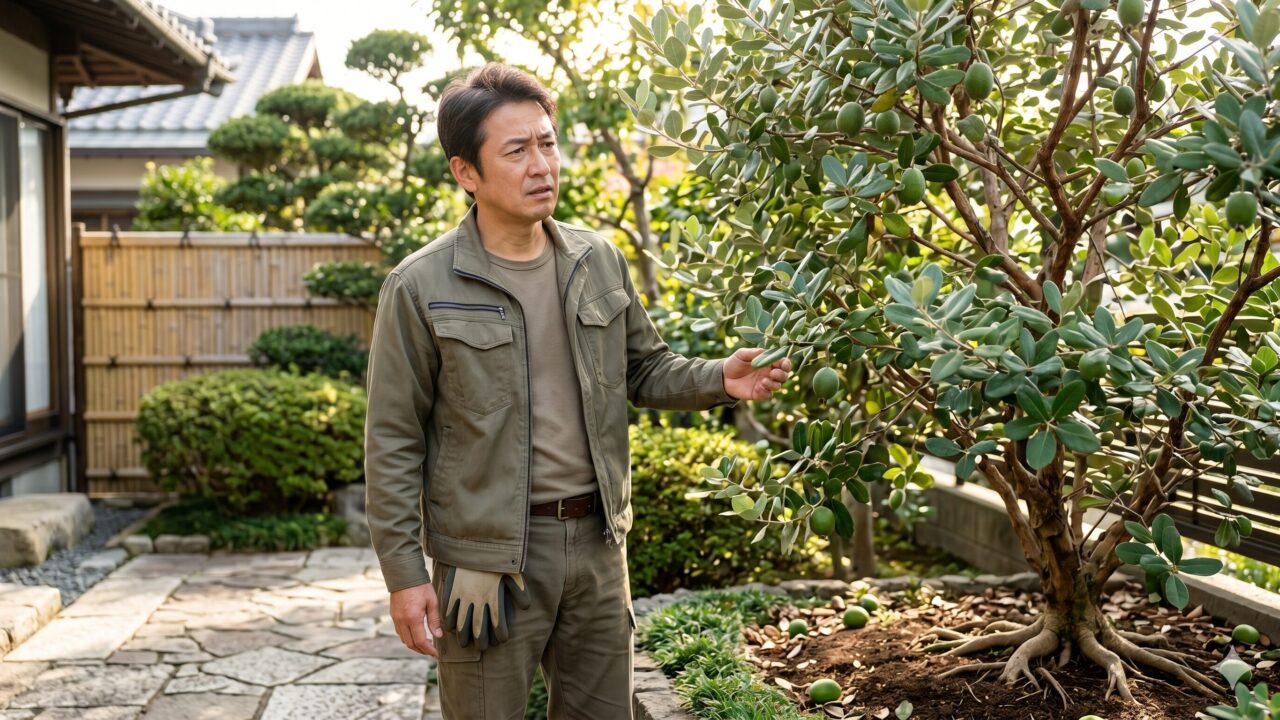 日本の住宅の庭で、フェイジョアの木を前にして少し困った表情で見つめるカジュアルな服装の日本人男性。