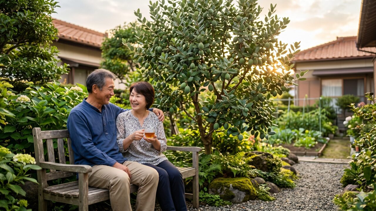 手入れされたフェイジョアの木のそばで、満足そうにお庭でくつろぐ日本人の夫婦。