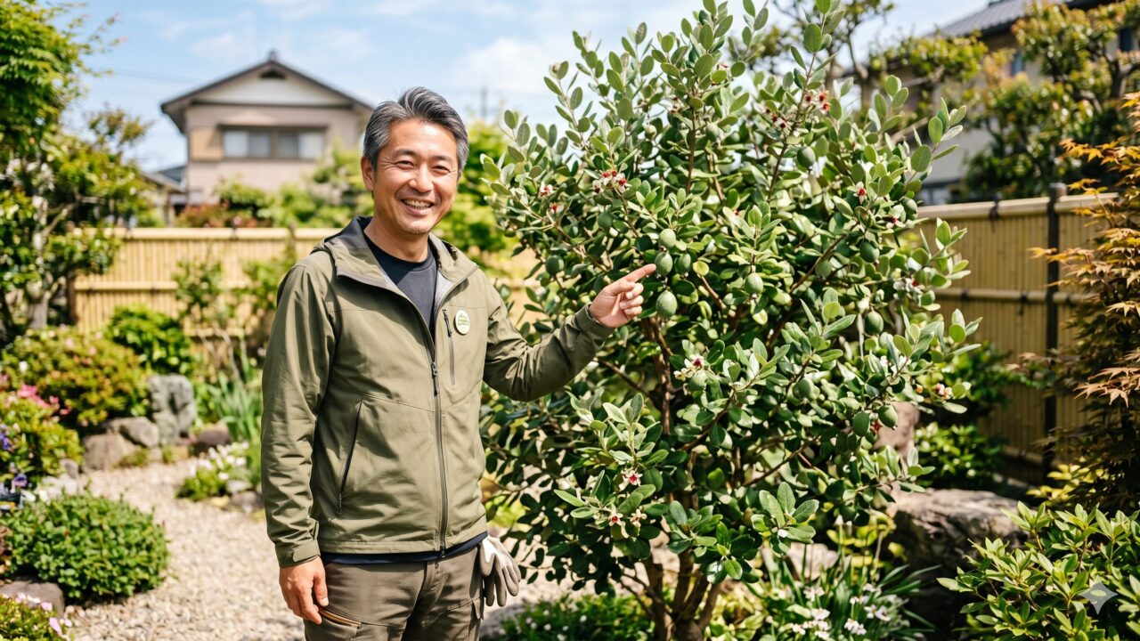 日当たりの良い庭で、元気なフェイジョアの木を指差しながら笑顔で解説する日本人の庭師。