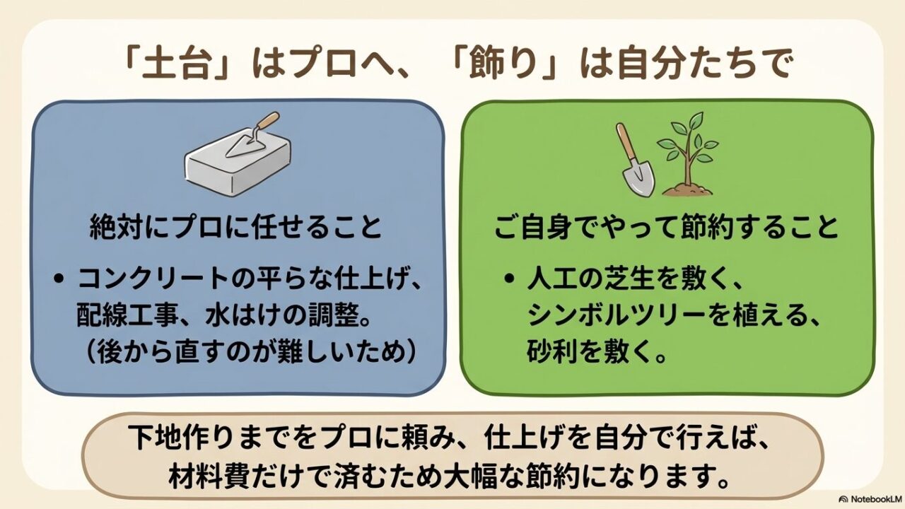 土台作り（コンクリートや配線）はプロへ、飾り（人工芝、植栽、砂利）は自分たちで行うことで、材料費だけで大幅に節約できることを示す図解。