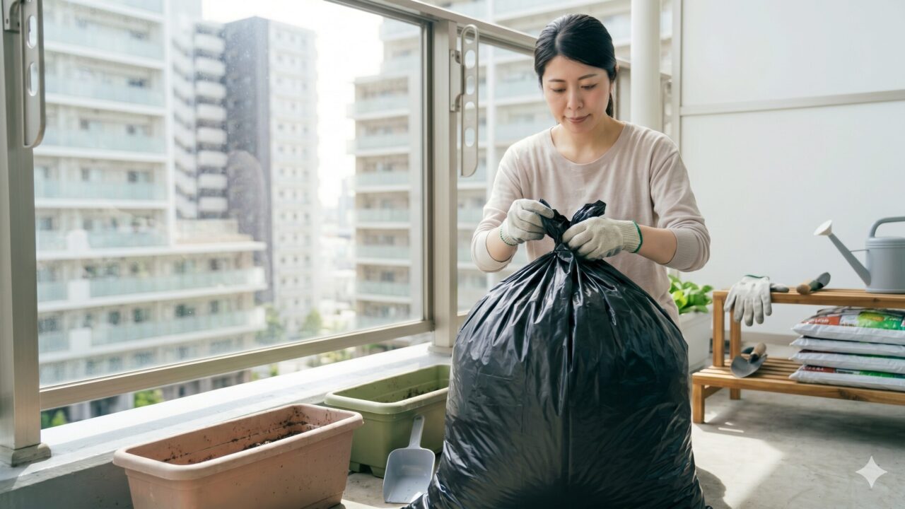 マンションのベランダで古い土を専用回収キットの丈夫な袋に詰める日本人女性。都市部で車がなくても土を合法的に処分できる合理的な選択肢。
