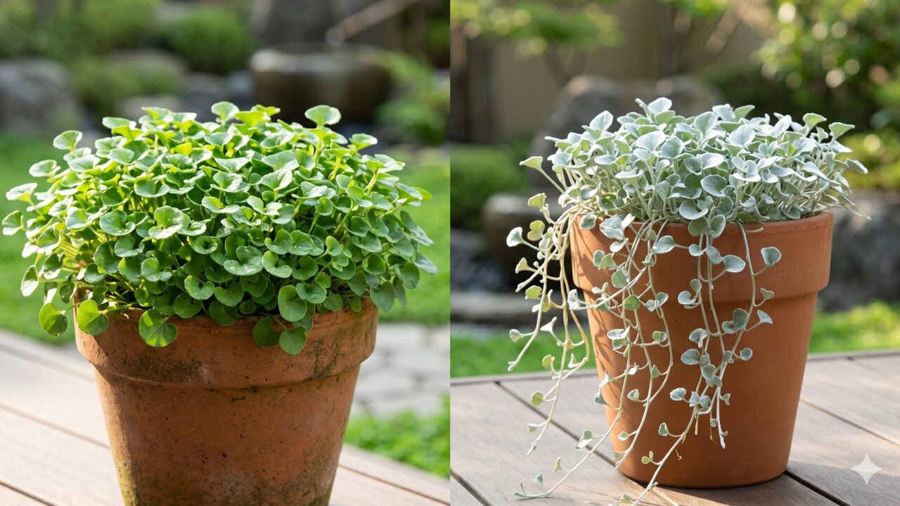 鮮やかな緑色のミクランサと、銀白色が美しいシルバーフォールの葉の質感の違い。