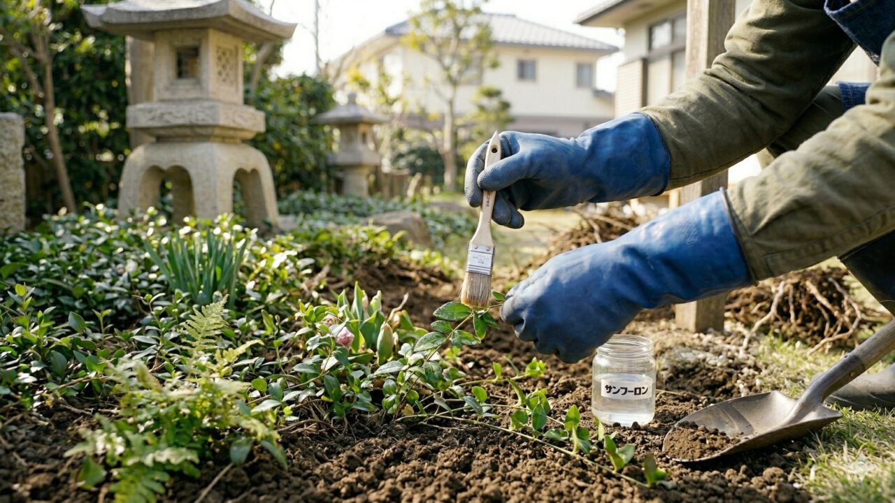 他の植物に触れないよう、ゴム手袋をして丁寧に薬剤を塗布する日本人の手元。