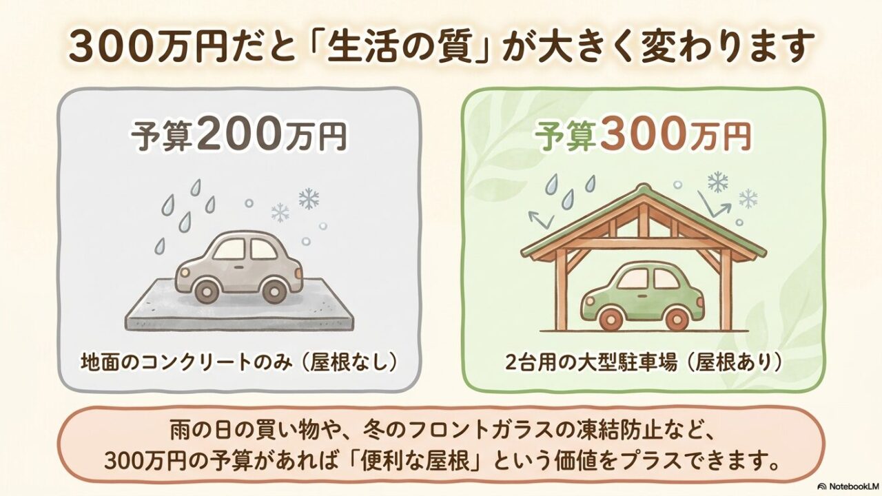 予算200万円（屋根なしのコンクリートのみ）と予算300万円（2台用の屋根付き大型駐車場）の比較イラスト。雨や雪から車を守る価値を解説。