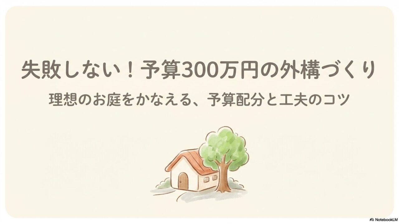 家と大きな木が描かれた温かみのあるイラストとともに、「失敗しない！予算300万円の外構づくり」と書かれた記事のメインビジュアル。