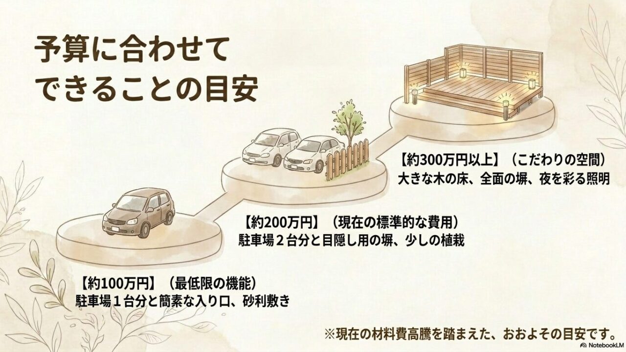 約100万円、約200万円、約300万円以上と、予算に合わせて実現できる外構プランの目安