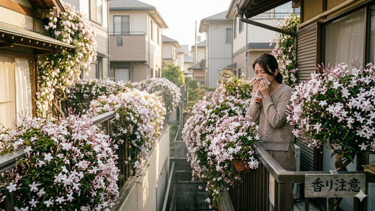 住宅街のベランダで、満開になったハゴロモジャスミンの強すぎる香りに困惑する日本人女性。