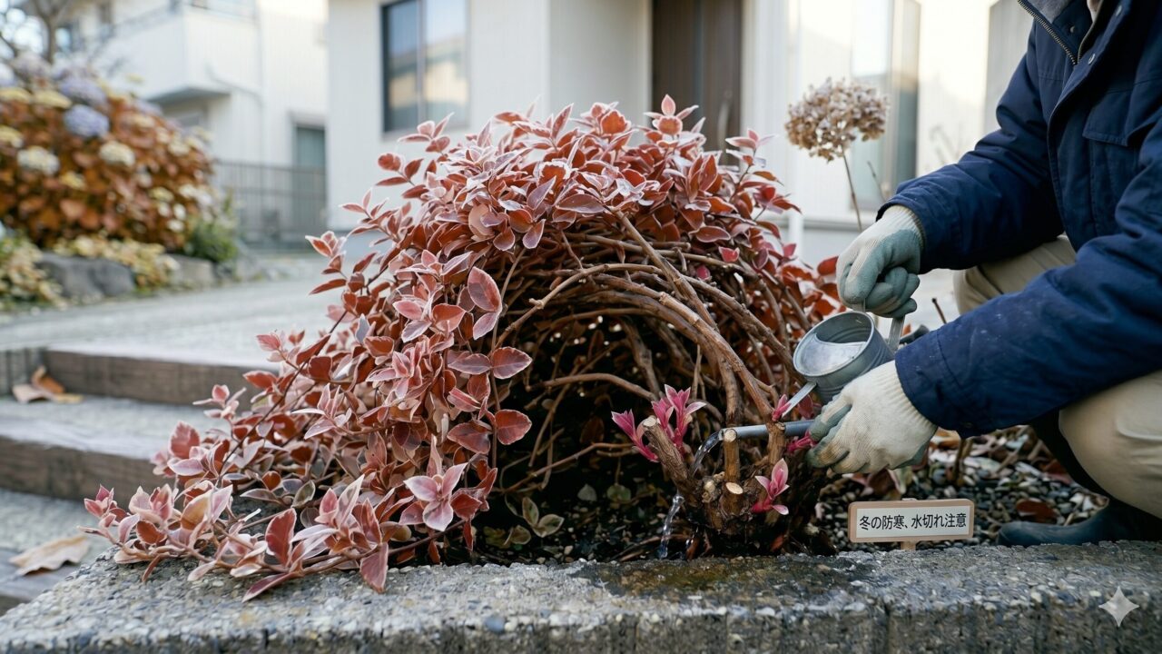 冬の寒さで赤く色づいたハツユキカズラに、乾燥を防ぐため根元へ静かに水をあげている様子。