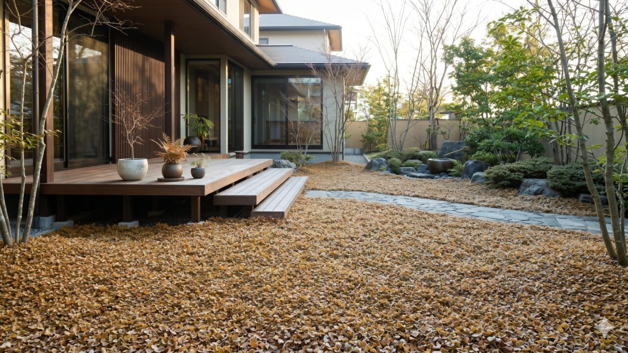 冬の寒さで茶色く休眠状態に入った、日本の庭のディコンドラの様子。