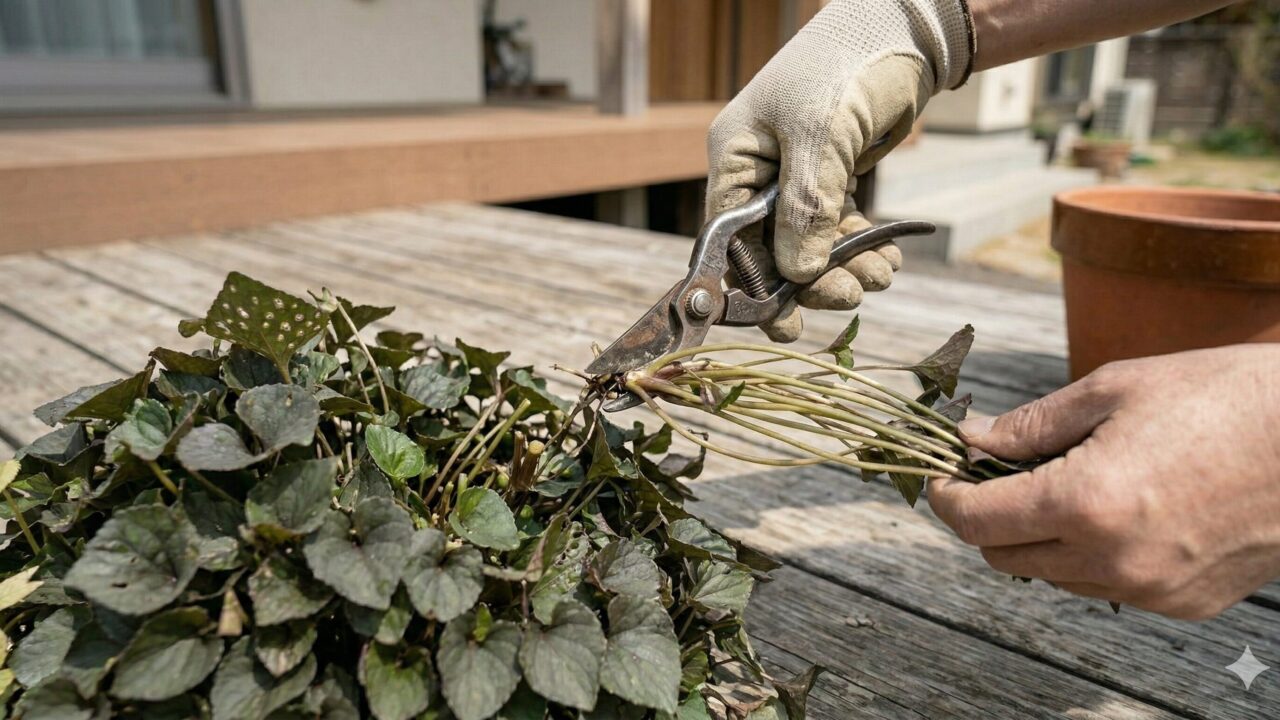 蒸れを防ぐために、剪定バサミを使ってビオラの茎を短く切り戻しているメンテナンス作業。