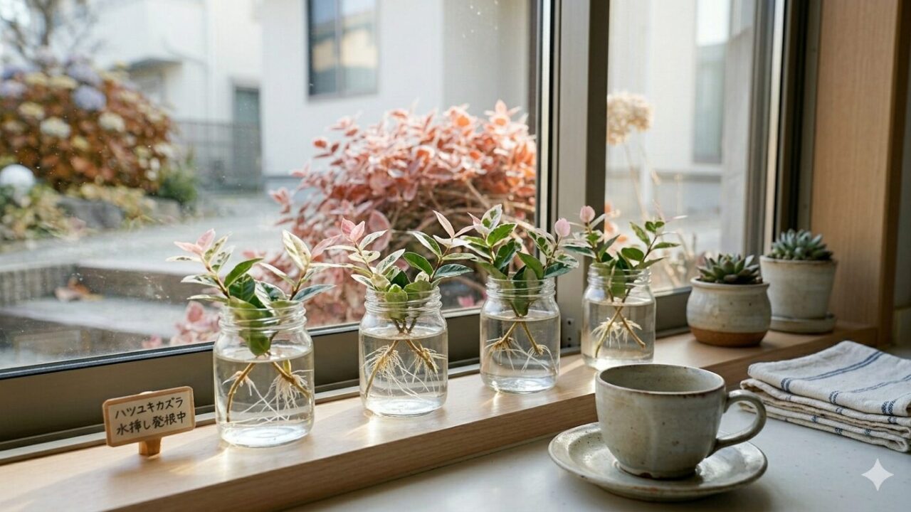 キッチンの明るい窓辺で、ハツユキカズラの枝を水に挿して根が出てくるのを待つ水挿しの様子。