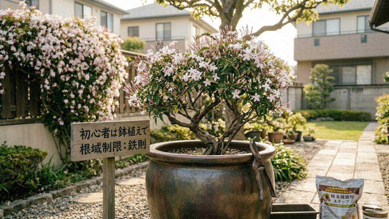 おしゃれなテラスに置かれた、成長が適切にコントロールされている鉢植えのハゴロモジャスミン。