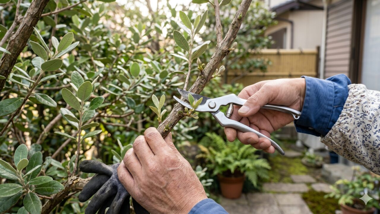 春先に剪定バサミを使って、フェイジョアの枝を適切にカットしている日本人の手元。