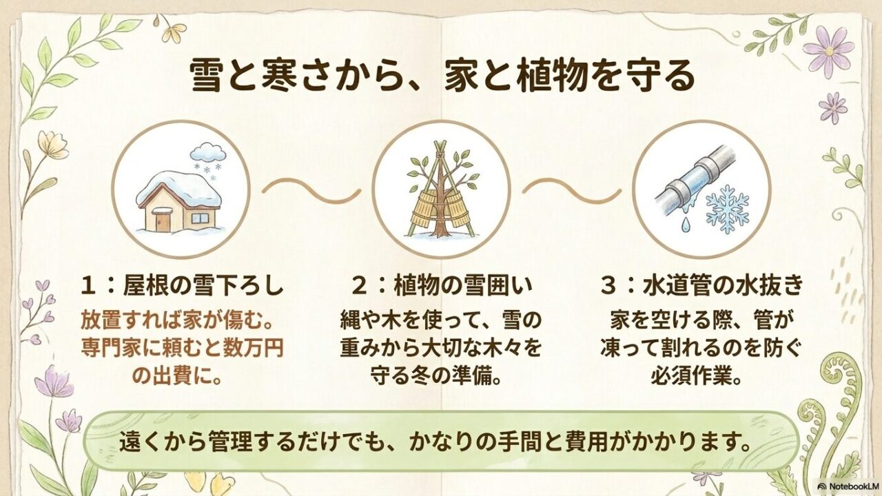 下ろし、冬囲い、水道管の水抜きといった北海道特有の冬の管理手順